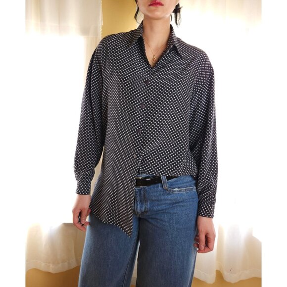 Vintage silk polka dot button down blouse navy, white - Picture 3 of 11